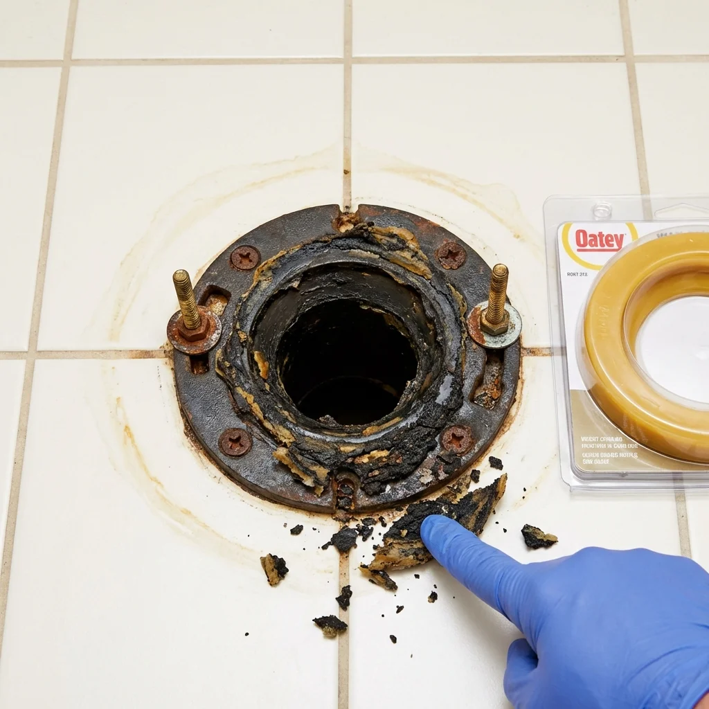 Failed wax ring showing water seepage at the base of a toilet in a Homer, GA home