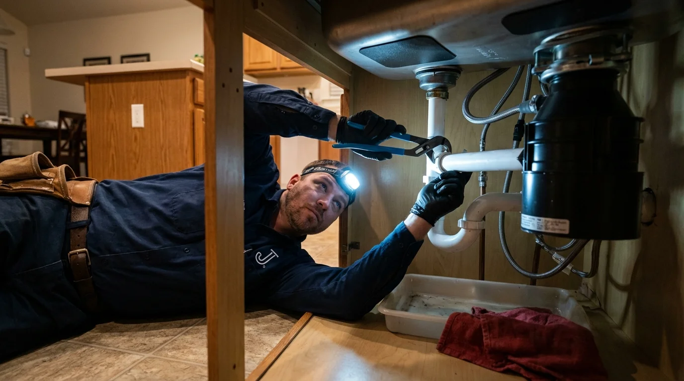P-trap and supply line connections under a kitchen sink showing a common leak point in Homer, GA